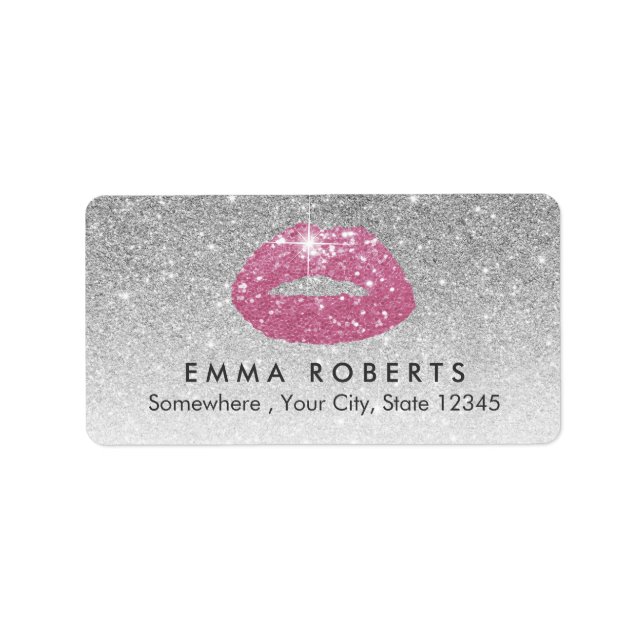 Makeup Artist Pink Lips Modern Silver Glitter Label (Front)