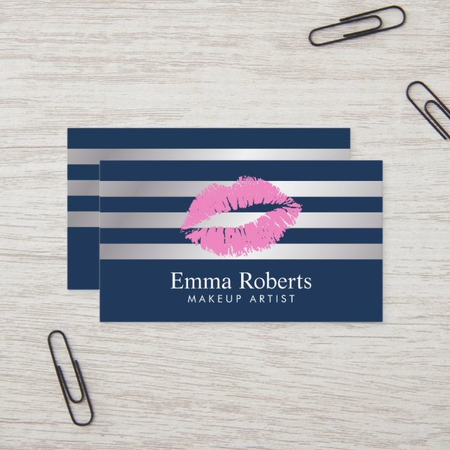 Makeup Artist Pink Lips Navy Blue Modern Stripes Business Card (Front/Back In Situ)