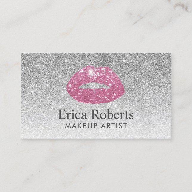 Makeup Artist Pink Lips Silver Glitter Appointment Card (Front)