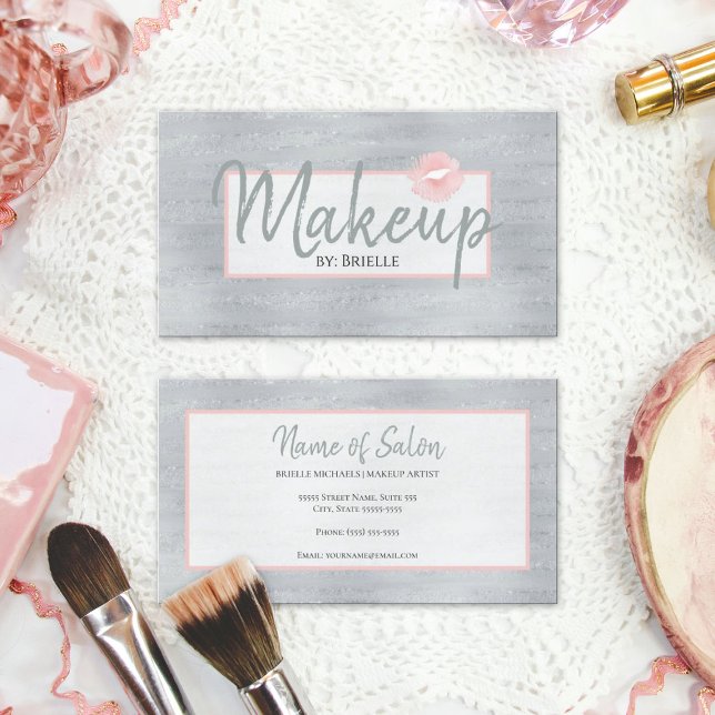 Makeup Artist Pink Lipstick Kiss Silver Glitter Business Card (Makeup Artist Pink Lipstick Kiss Silver Glitter Business Cards)