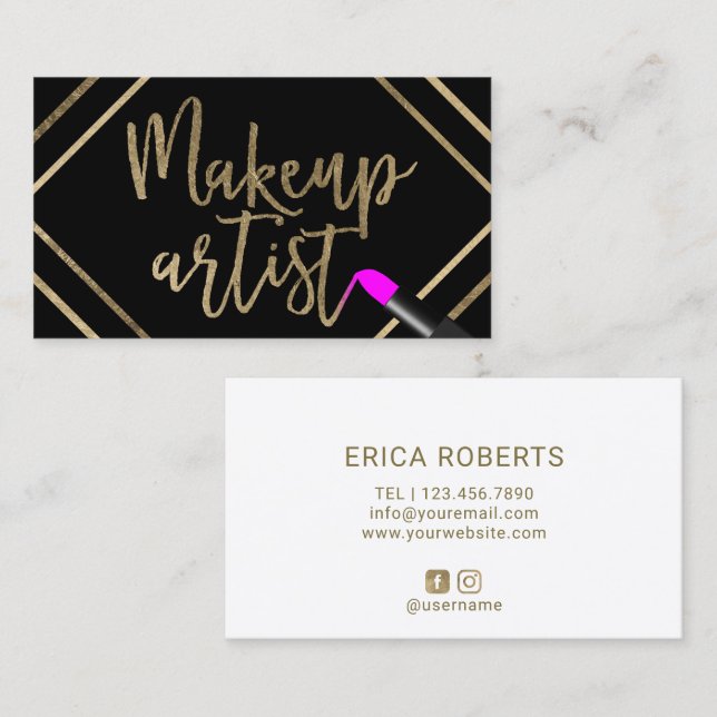 Makeup Artist Pink Lipstick Modern Gold Typography Business Card (Front/Back)