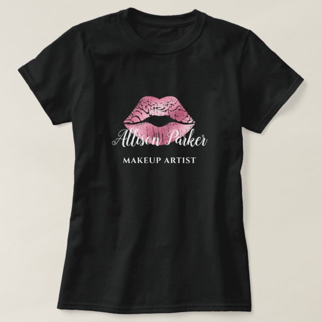 MAKEUP ARTIST Pink Logo Kiss Name T-Shirt (Design Front)