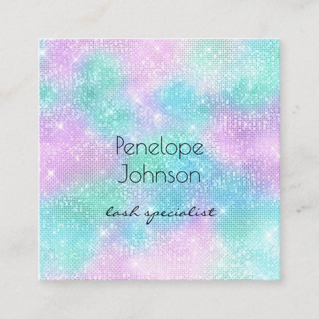 Makeup Artist Purple and Blue Sparkles Elegant Square Business Card (Front)