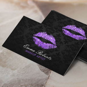 Makeup Artist Purple Glitter Lips Elegant Damask Business Card