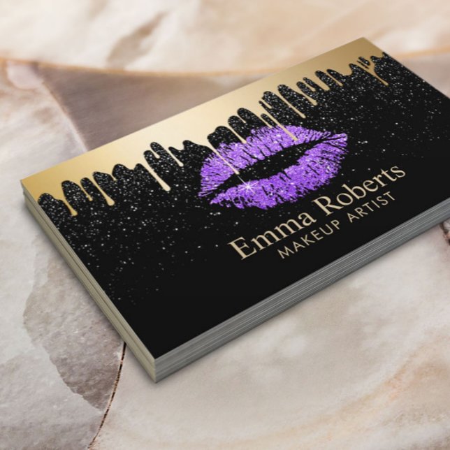 Makeup Artist Purple Lips Gold Drips Modern Black Business Card (Creator Uploaded)