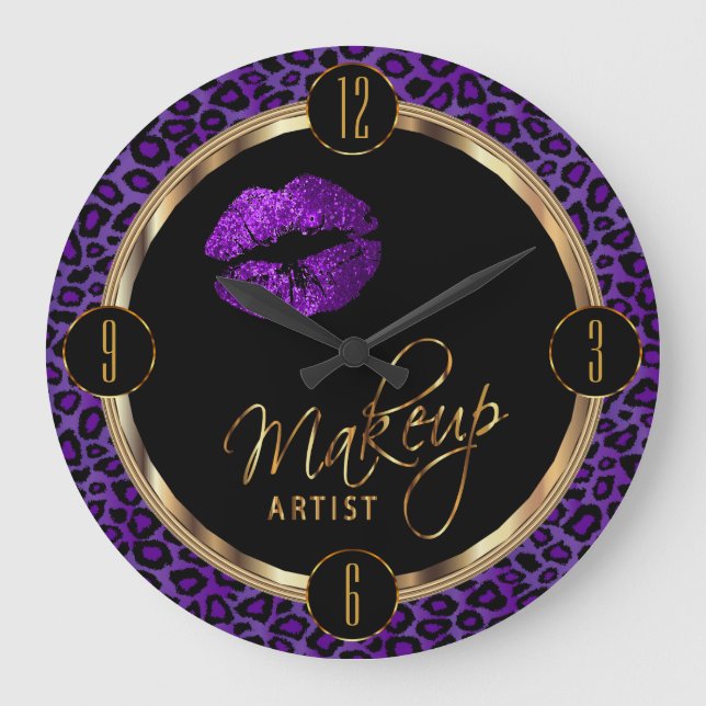 Makeup Artist Purple Lips with Leopard Print Large Clock (Front)