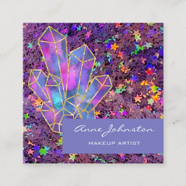Makeup Artist Purple Star Glitter Crystals Square Business Card (Front)