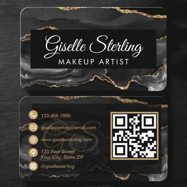 Makeup Artist QR Code Black Gold Business Card (Creator Uploaded)