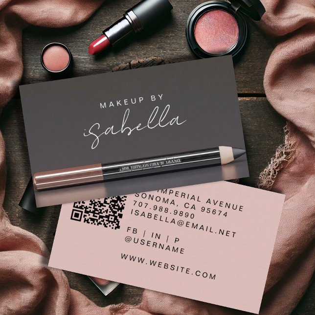 Makeup Artist QR Code Dusty Pink Charcoal Grey Business Card (Creator Uploaded)