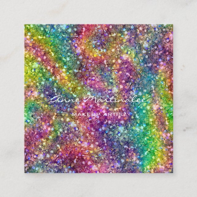 Makeup Artist Rainbow Glitter Square Business Card (Front)