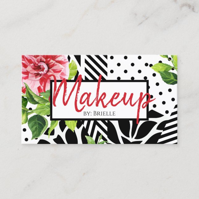 Makeup Artist Red Floral Black White Geometric Business Card (Front)