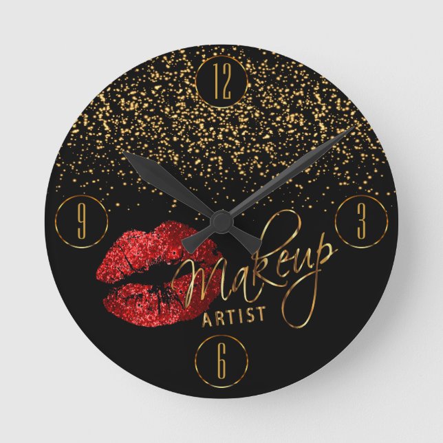 Makeup Artist Red Lips and Gold Confetti Round Clock (Front)