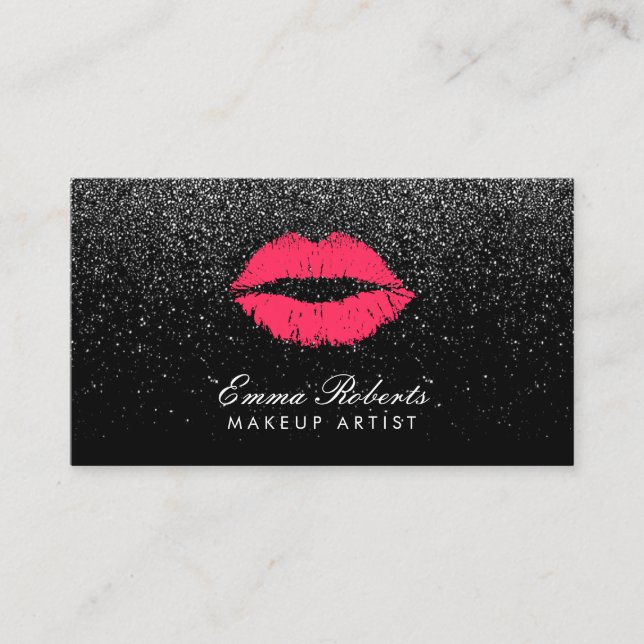 Makeup Artist Red Lips Black Glitter Appointment Card (Front)