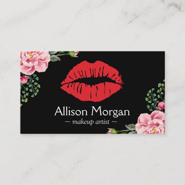 Makeup Artist Red Lips Elegant Floral Decor Business Card (Front)