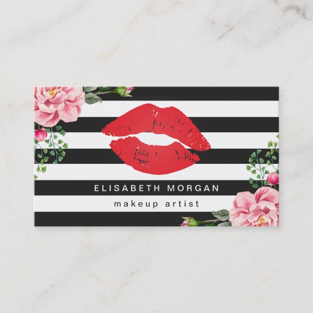 Makeup Artist Red Lips Floral Black White Stripes Business Card (Front)