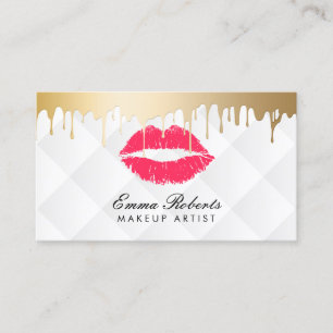 Makeup Artist Red Lips Gold Drips Classy White Business Card