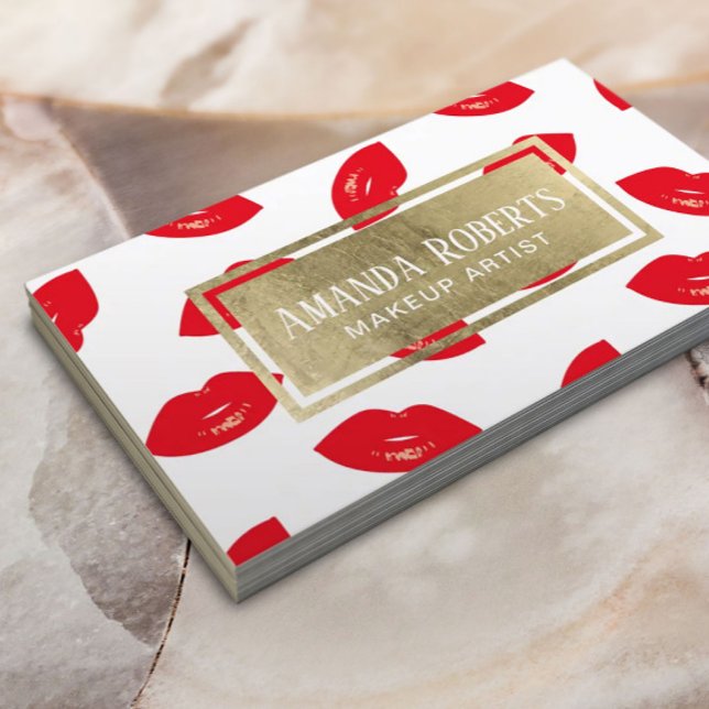 Makeup Artist Red Lips Gold Label Beauty Salon Business Card (Creator Uploaded)