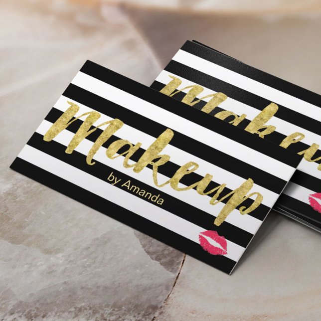 Makeup Artist Red Lips Gold Script Modern Stripes Business Card (Creator Uploaded)