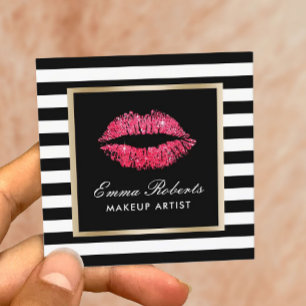Makeup Artist Red Lips Modern Black Stripes Square Business Card