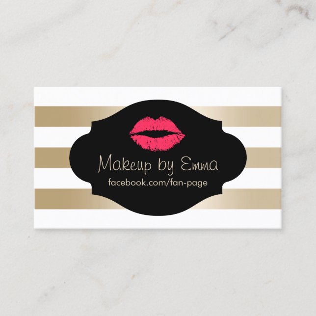 Makeup Artist Red Lips Modern Gold Stripes Business Card (Front)