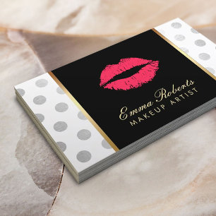 Makeup Artist Red Lips Modern Silver Dots Business Card