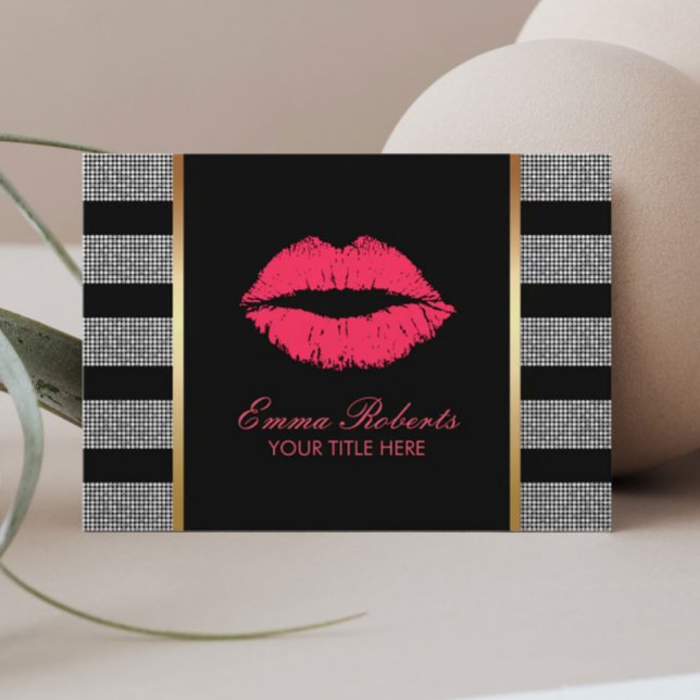 Makeup Artist Red Lips Modern Silver Stripes Business Card (Creator Uploaded)