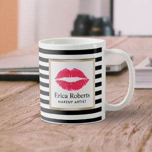 Makeup Artist Red Lips Modern Stripes Beauty Salon Coffee Mug