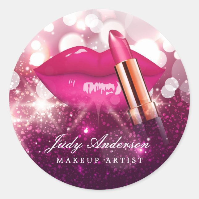 Makeup Artist Red Lips Pink Glitter Sparkling Classic Round Sticker (Front)