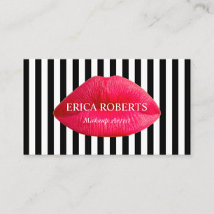 Makeup Artist Red Lips Salon Modern Stripes Business Card
