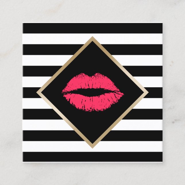 Makeup Artist Red Lips Salon Modern Stripes Unique Square Business Card (Front)