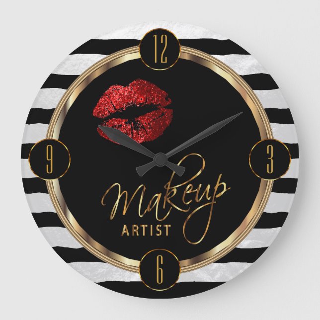 Makeup Artist Red Lips with White Stripes Large Clock (Front)