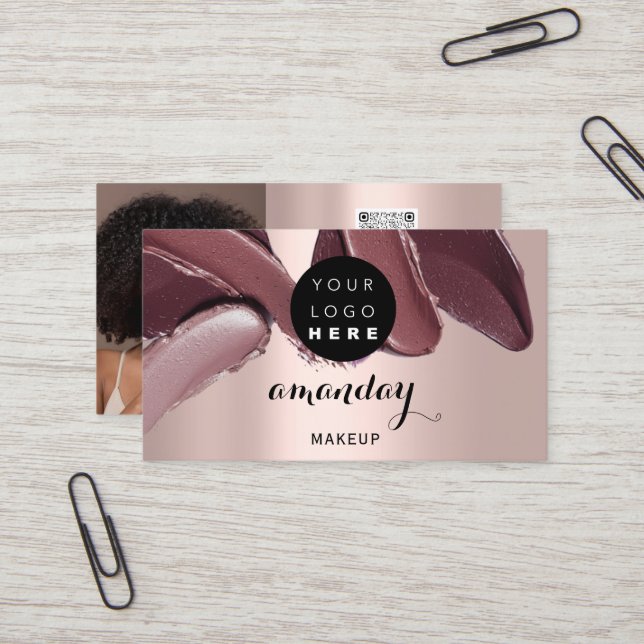Makeup Artist Red Lipstick Photo QR Code  Gloss Business Card (Front/Back In Situ)