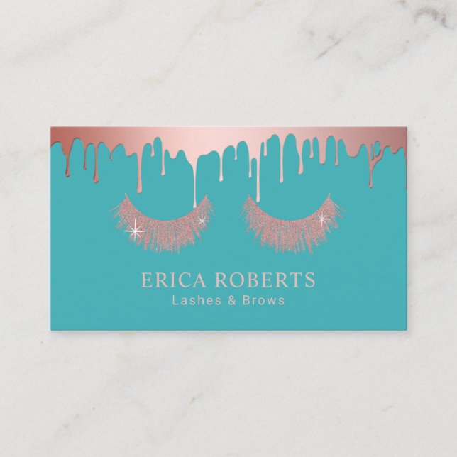 Makeup Artist Rose Gold Dripping Eyelash Turquoise Business Card (Front)