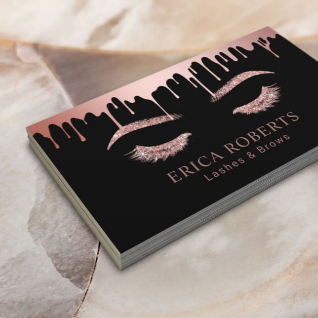 Makeup Artist Rose Gold Drips Lashes & Brows Black Business Card (Creator Uploaded)