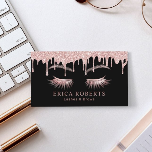Makeup Artist Rose Gold Drips Lashes & Brows Salon Business Card (Creator Uploaded)