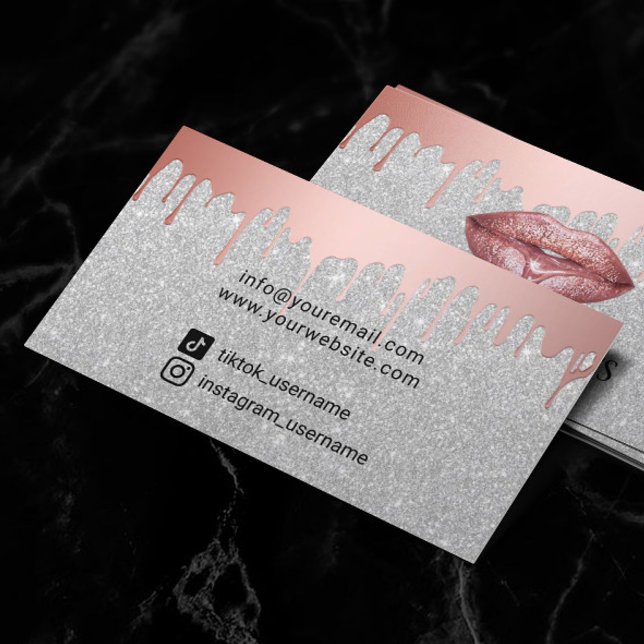Makeup Artist Rose Gold Drips Lipstick Silver Business Card (Creator Uploaded)