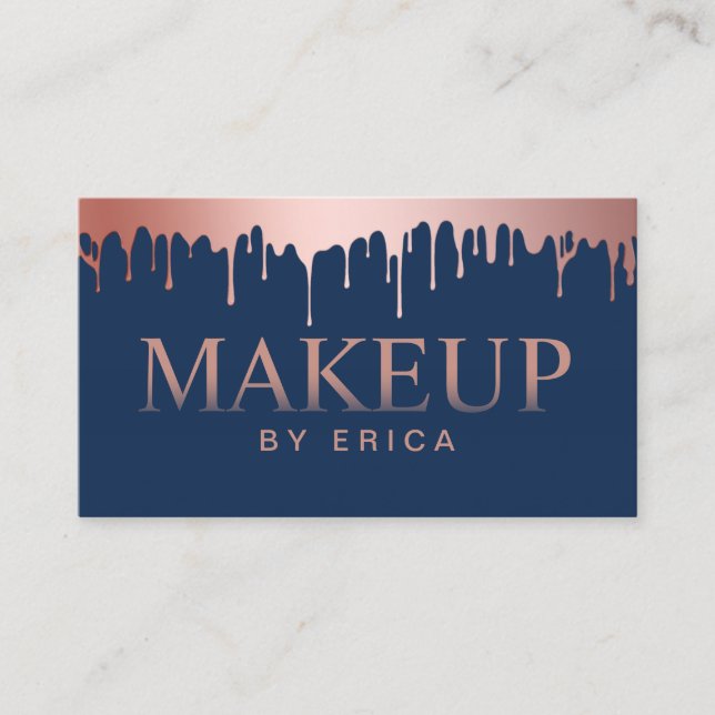 Makeup Artist Rose Gold Drips Modern Navy Blue Business Card (Front)