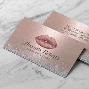 Makeup Artist Rose Gold Glam Lips Silver Glitter Business Card