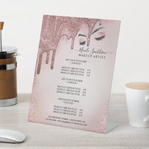 Makeup Artist Rose Gold Glitter Glam Service List Pedestal Sign
