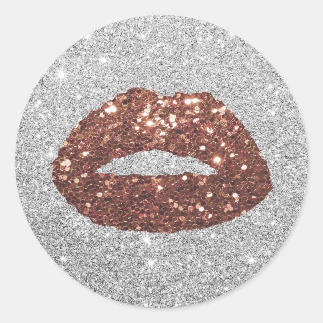Makeup Artist Rose Gold Glitter Lips Modern Silver Classic Round Sticker (Front)