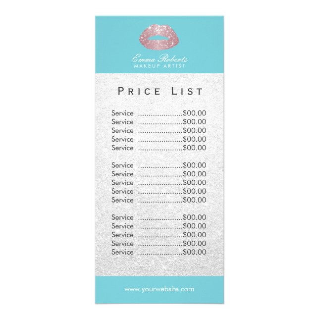 Makeup Artist Rose Gold Glitter Lips Price List Rack Card (Front)