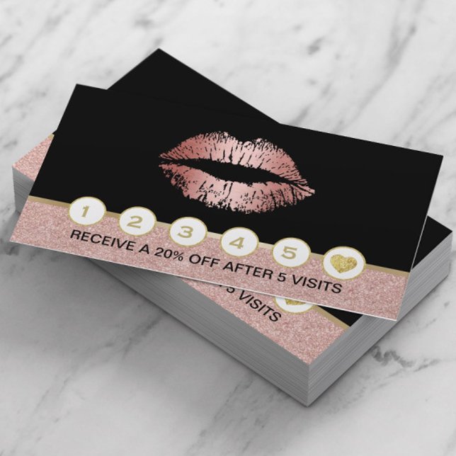 Makeup Artist Rose Gold Glitter Lips Salon Loyalty Card (Creator Uploaded)