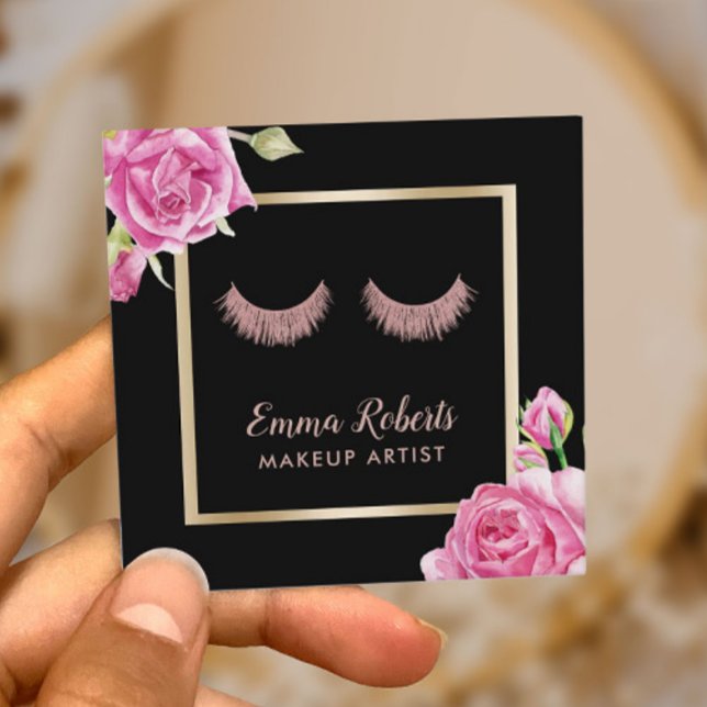 Makeup Artist Rose Gold Lashes Modern Floral Square Business Card (Creator Uploaded)