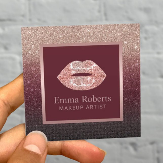 Makeup Artist Rose Gold Lips Burgundy Red Glitter Square Business Card (Creator Uploaded)