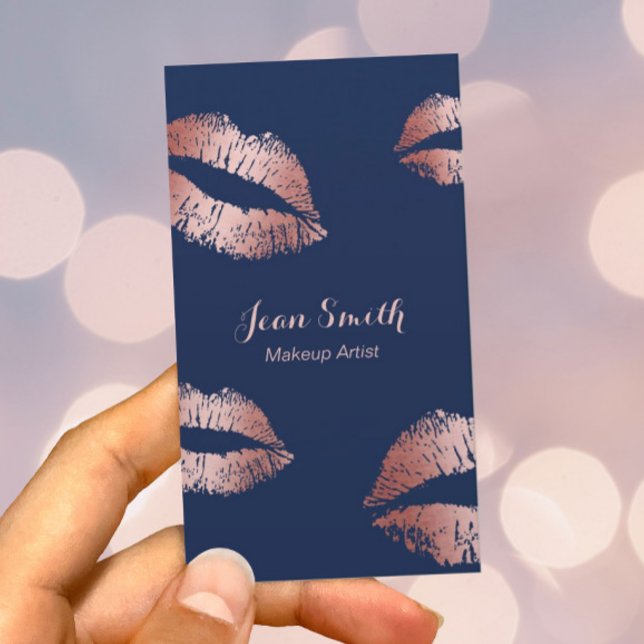 Makeup Artist Rose Gold Lips Elegant Navy Blue Business Card (Creator Uploaded)