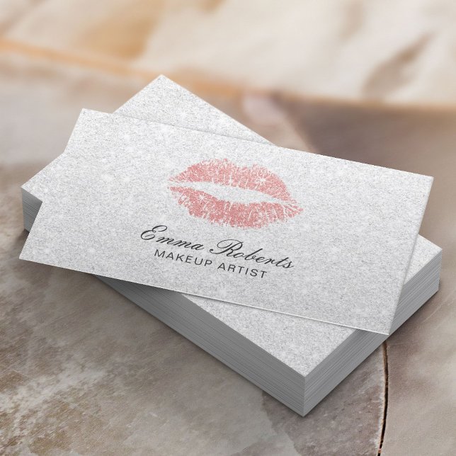 Makeup Artist Rose Gold Lips Elegant White Glitter Business Card (Creator Uploaded)