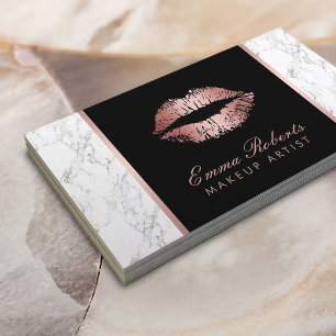 Makeup Artist Rose Gold Lips Elegant White Marble Business Card