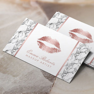 Makeup Artist Rose Gold Lips Modern White Marble Business Card