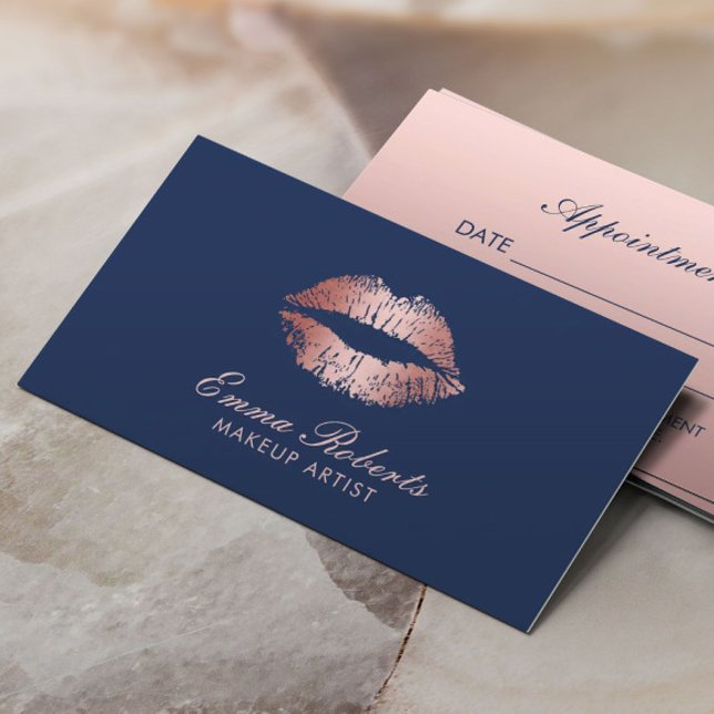 Makeup Artist Rose Gold Lips Navy Blue Salon Appointment Card (Creator Uploaded)