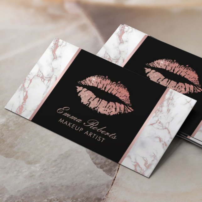 Makeup Artist Rose Gold Lips Trendy Marble Business Card (Creator Uploaded)